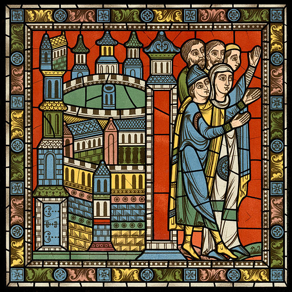 File:Chartres VITRAIL DE LA VIE DE JÉSUS-CHRIST Motiv 17 Le retour d’Égypte (populations allant au-devant de la Sainte Famille) .jpg