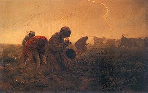 Summer storm in 19th-century Polish countryside - picture by Jozef Chelmonski, 1896, 107 cm (42.1 in)x163 cm (64.1 in), National Museum in Cracow ChelmonskiJozef.1896.Burza.jpg