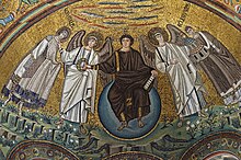 Ecclesius (far right) depicted alongside Christ and Saint Vitalis, Basilica of San Vitale, Ravenna Christ enthroned flanked by Bishop Ecclesius and St Vitalis on the vault of the apse, Basilica of San Vitale, Ravenna, Italy - 23745632093.jpg