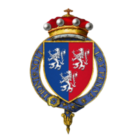 Arms of Sir William Herbert, 1st Baron Herbert, at the time of his installation in the Most Noble Order of the Garter: Per pale azure and gules, three lions rampant argent Coat of Arms of Sir William Herbert, 1st Baron Herbert, KG.png