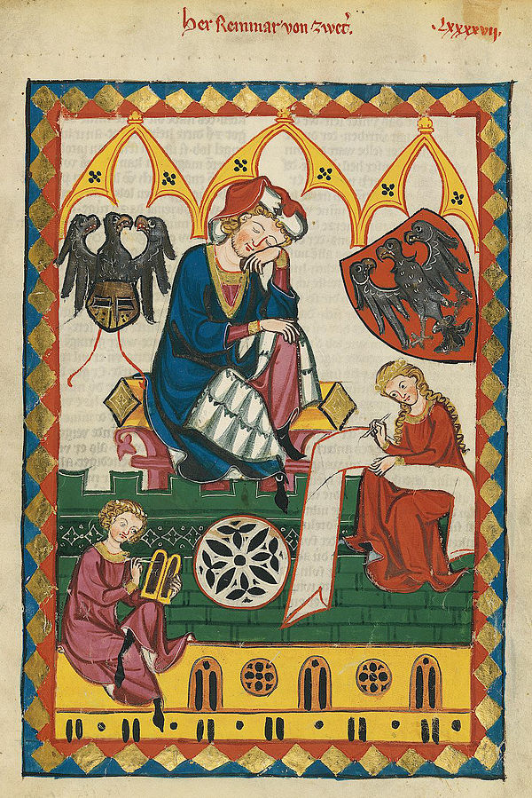 Herr Reinmar von Zweter, a 13th-century Minnesinger, was depicted with his noble arms in Codex Manesse.