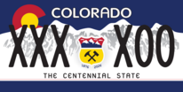 Colorado's Sesquicentennial Over 13 License Plate Winner. The plate is available from Aug 2023 thru July 2027. The Plate features Colorado's state colors, enclosed seal similar to Colorado's State Seal, Mountains, pickaxe and hammer. Colorado's Sesquicentennial Over 13 License Plate Winner.png