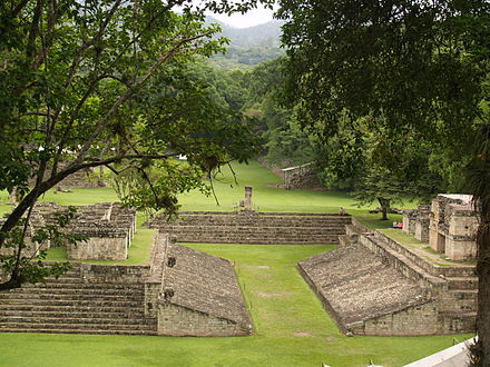 The final version of the ballcourt was dedicated by Uaxaclajuun Ub'aah K'awiil in AD 738. Copan Ballcourt.jpg