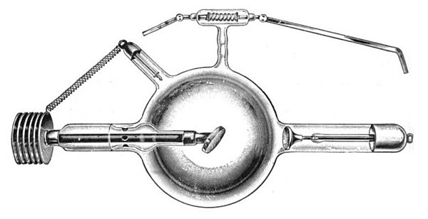 Crookes X-ray tube from early 1900s. The cathode is on the right, the anode is in the center with attached heat sink at left. The electrode at the 10 