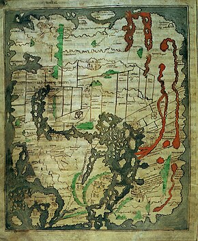 The Anglo-Saxon 'Cotton' world map (c. 1040). Britain and Ireland are bottom left. Cotton world map.jpg