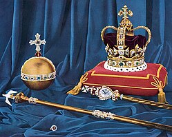 Primary Crown Jewels of the United Kingdom, with Sovereign's Orb at upper left (in late 1952 before the coronation of Elizabeth II), the only globus cruciger in use as coronation regalia