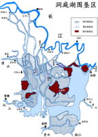Dongtingjärven tulviessa se laajenee kartalla viivoitetuille alueille.