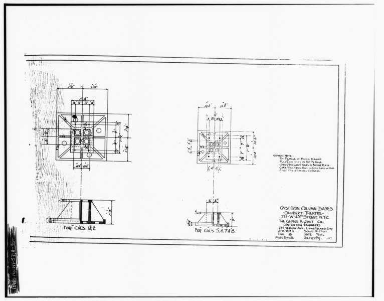 File:DRAWING 8, CAST IRON COLUMN BASES - Morosco Theater, 217-225 West Forty-fifth Street, New York, New York County, NY HABS NY,31-NEYO,104-36.tif