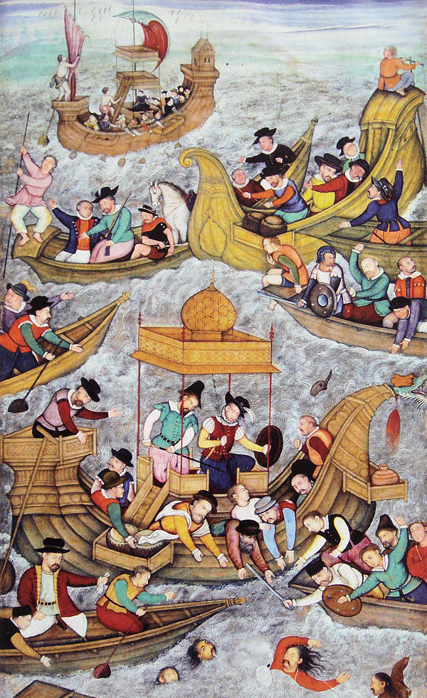 Death of Bahadur Shah of Gujarat an Ottoman ally at the Siege of Diu. He was killed fighting against the Portuguese in 1537; (Illustration from the Ak