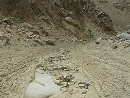 Debris flows filling a gully after intense storms of 2010 in Ladakh in the Himalayas.