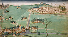 Overschie (foreground), Rotterdam (top left), and Delfshaven (top right). Schiedam would be located to the right out of view. (Image from 1512.) Delfshaven, Overschie en Schiebroek.jpg