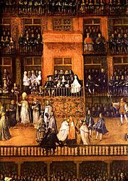 Painting showing King Charles and Mariana presiding over auto-da-fé