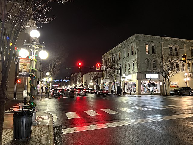Downtown Lock Haven at night at the intersection of East Main Street and North Grove Street