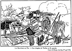 « Les baptêmes du feu – Les dragées de Verdun et le parrain » : les dragées sont des obus envoyés par un canon de 155 mm.