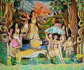 Illustration of goddess Durga in a public gathering at the time of Durga festival