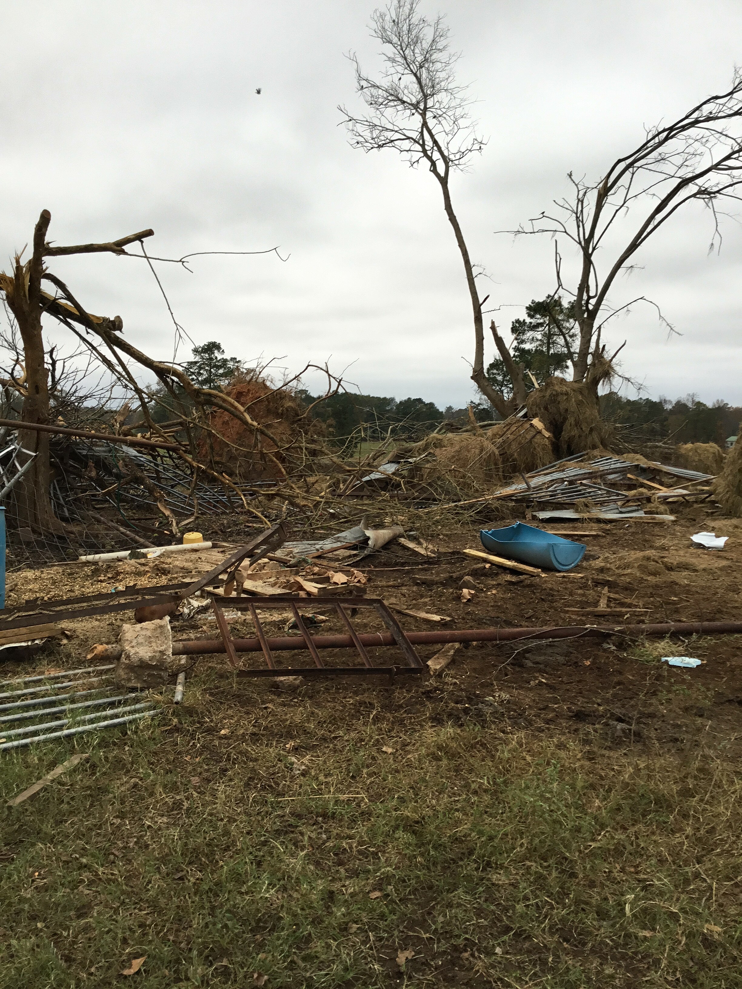 An outbuilding that was destroyed at low-end EF2 intensity near Kirby, Arkansas.