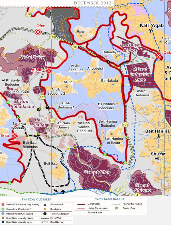 The Israeli barrier in northern Jerusalem, which divides Beit Hanina into two villages, both in a separate enclave.