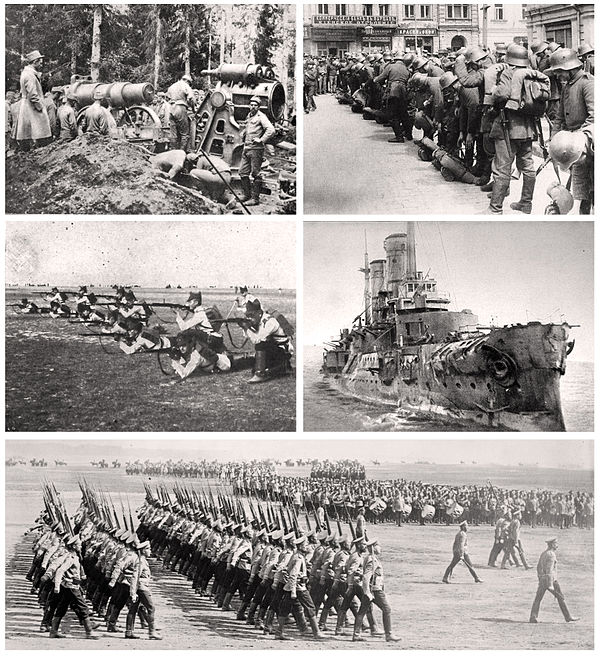 Clockwise from top left: soldiers stationed in the Carpathian Mountains, 1915; German soldiers in Kiev, March 1918; the Russian ship Slava, October 19