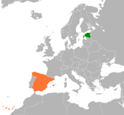 Mapa indicando locais da Estônia e Espanha