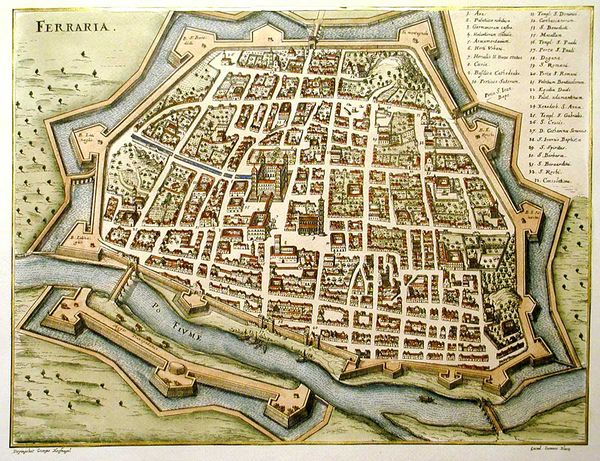 Ferrara, walled and moated, ca 1600.