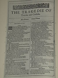 Faksimil av första sidan i The Tragedie of Troylus and Cressida från First Folio, publicerad 1623