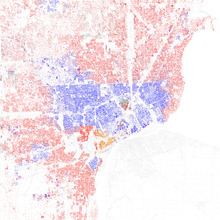 Map of racial distribution in Detroit, 2010 U.S. Census. Each dot is 25 people:
.mw-parser-output .legend{page-break-inside:avoid;break-inside:avoid-column}.mw-parser-output .legend-color{display:inline-block;min-width:1.25em;height:1.25em;line-height:1.25;margin:1px 0;text-align:center;border:1px solid black;background-color:transparent;color:black}.mw-parser-output .legend-text{}
 White
 Black
 Asian
 Hispanic
 Other FischerDetroit2010Census.png
