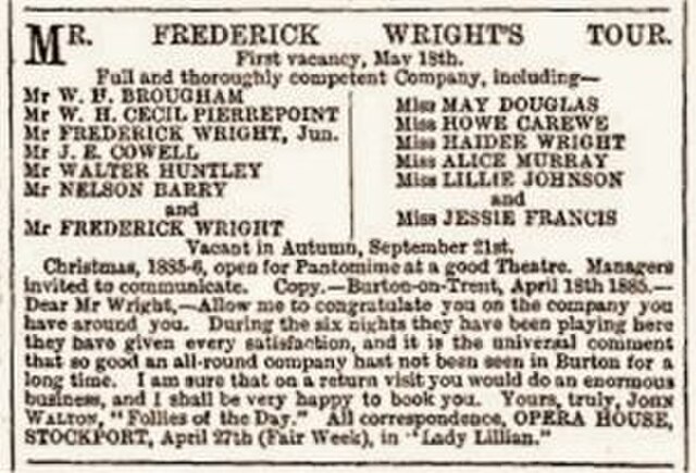1885 advertisement for the Wright family company, listing Wright under his early stage name Walter Huntley