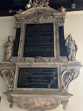 Sir Edward Altham’s marble monument with pilasters, pediment, urns, and angels.