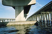 The piers of the Gandy Bridges, with the 1956 span in the left, the 1996 span in the middle, and the 1975 span in the right. Gandybridge2437.jpg