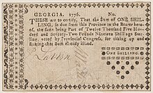 One-shilling note from Georgia, United States, 1776. The twelve dark circles indicate that there are twelve pence in a shilling. Georgia paper money. One shilling (NYPL b11868620-5339332).jpg