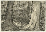 Sientje van Houten: 'Gezicht tussen bomen', tekening in inkt