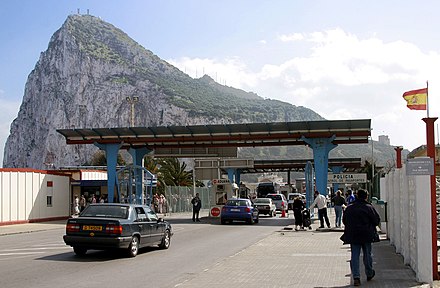 The Gibraltar/Spain border in 2004 with the Rock of Gibraltar in the background