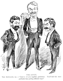 from left to right: the Savoy impresario Richard D'Oyly Carte with W. S. Gilbert, and Arthur Sullivan in a drawing by Alfred Bryan, 1894 Glad to See You Together.png