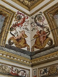 Baroque rinceaux with putti painted on the boiserie of a room from the Hôtel Colbert de Villacerf, now in the Musée Carnavalet, Paris, unknown architect, sculptor and painter, c.1650