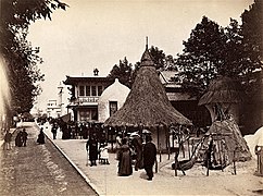 Exposition Universelle de 1889. Habitation d'Afrique Centrale. African (center) and Lapland (right) dwellings.