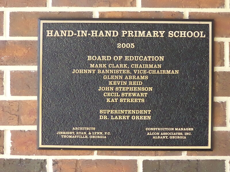 File:Hand-In-Hand Primary School Plaque, Thomas County.JPG