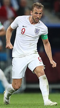Harry Kane, playing in a 2018 FIFA World Cup match.