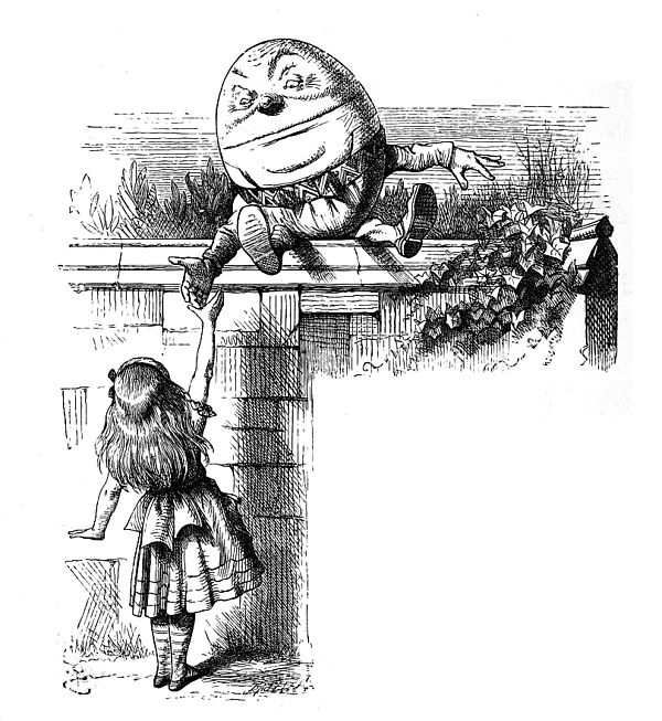 Humpty Dumpty who explains to Alice the definitions of some of the words in "Jabberwocky". Illustration by John Tenniel, 1871