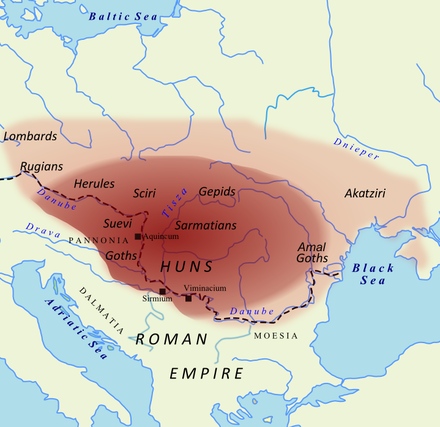 Approximate territory under Hunnic control in 450 AD