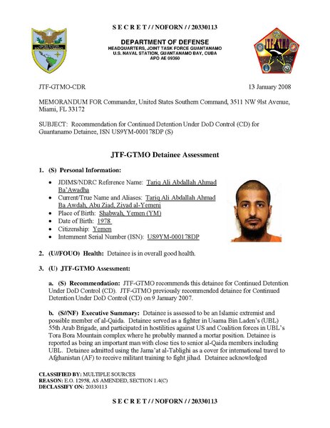 File:ISN 00178, Tariq Ali Abdallah Ahmad Ba’Awadha's Guantanamo detainee assessment.pdf