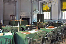 The Assembly Room in Independence Hall in Philadelphia, where the Second Continental Congress adopted the Declaration of Independence Independence Hall Assembly Room.jpg