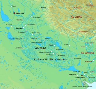 Mapa geofizyczna dolnego Iraku z zaznaczonymi głównymi osadami i prowincjami