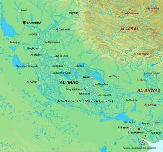 Mappa geofisica del basso Iraq, con i principali insediamenti e province indicati