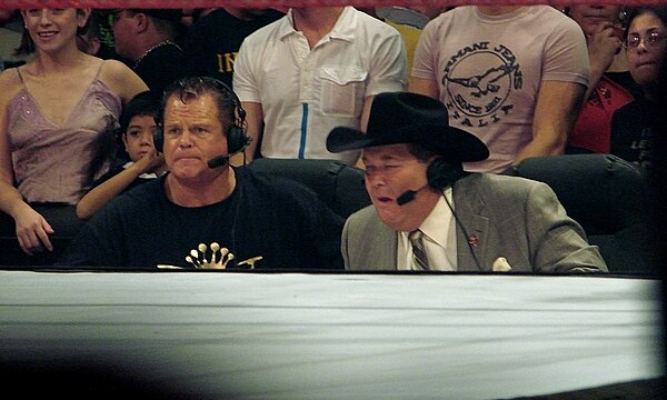 Jerry Lawler (left) and Jim Ross (right) at the Raw commentators table.