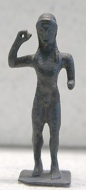 Javelin thrower. Bronze, Laconian style, third quarter of the 6th century BC Javelin thrower Louvre Br107.jpg