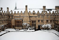 Snow in Jesus College's second quadrangle (21st century). The second quadrangle was constructed between about 1640 and about 1713 JesusCollegeSecondQuadSnow.jpg