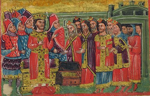 Alexander the Great, clad as a Byzantine emperor, receives a delegation of Jewish rabbis. Miniature from the 14th-century Alexander Romance
