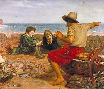 The Boyhood of Raleigh by Sir John Everett Millais, oil on canvas, 1870.A seafarer tells the young Sir Walter Raleigh and his brother the story of what happened out at sea