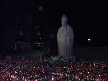 Candles around monument to John Paul II in Zaspa, Gdańsk at the time of his death