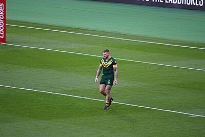 Dugan playing for the Kangaroos against England in 2016 Josh Dugan England v Australia 2016.jpg